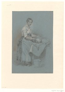 Maid standing by table with copper pan by Willem Johannes Adrianus Wijnandus Voorn Boers
