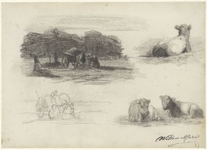 Four Sketches of Hay Wagons and Cows by Willem Maris