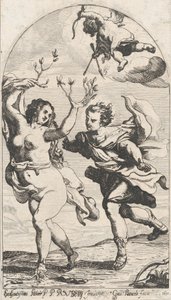 Daphne fleeing from Apollo, with Cupid overhead