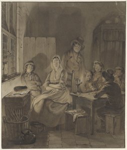 Interior with Group of People Around a Table by Candlelight by Willem Pieter Hoevenaar