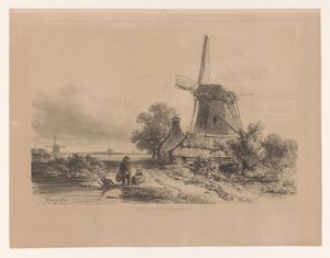 Mill in a Landscape with Two Figures by Willem Roelofs (I)