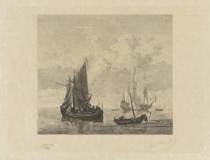 Sailing Ships on Calm Sea by Willem Steelink (II) (signed by artist)