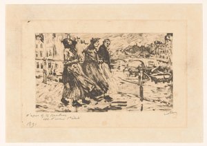 Three Women on a Bridge in Wind and Rain