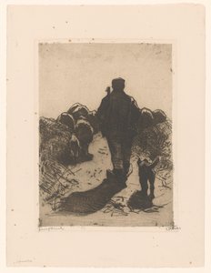 Shepherd with Dog Behind His Flock