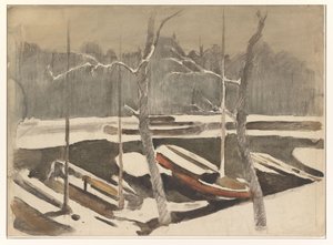 Moored Boats on a Snowy Canal by Willem Arnoldus Witsen