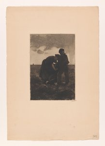 Woman and Boy in Clogs with a Burlap Sack in the Field