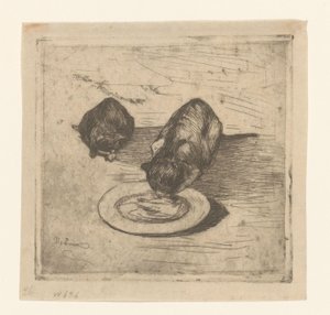 Two Cats, One Drinking from a Plate