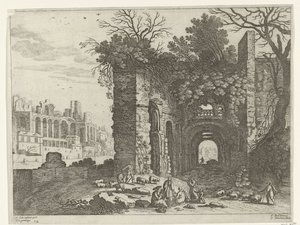 Resting Family before a Ruin (Italian Landscapes series) by Willem van Nieulandt (II)
