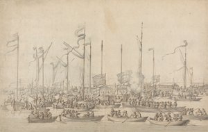 Celebration on the Thames near Whitehall by Willem van de Velde the Elder