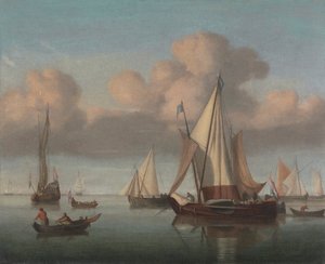 A Kaag at Anchor with Sails Hoisted and a State Yacht and Other Vessels by Willem van de Velde the Younger