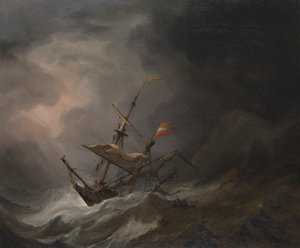 A Mediterranean Brigantine Drifting Onto a Rocky Coast in a Storm, c.1700 by Willem van de Velde the Younger