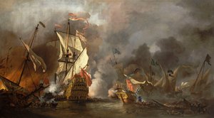 An English Ship in Action with Barbary Pirates by Willem van de Velde the Younger