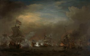 Night Sea Battle between Cornelis Tromp on the Gouden Leeuw and Sir Edward Spragge on the Royal Prince by Willem van de Velde the Younger