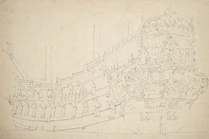 An Amsterdam ship, possibly an Indiaman, of about 50 guns, c.1670 by Willem van de the Elder Velde