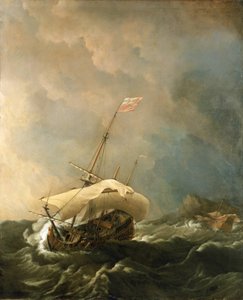 British Ship in a Stormy Wind, Trying to Escape from the Rocky Shore