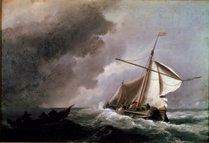 Dutch ship lowering sails waiting for a lifeboat. Painting by Willem Van de Velde the Younger (1633-1707) by Willem van de Velde the Younger