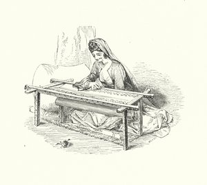 Lady embroidering by William (after) Harvey