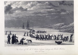 The crew of H.M.S. Hecla and Griper cutting into winter harbour, Sept. 26th 1819, illustration from 