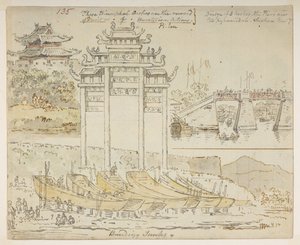 Junks being built near a triumphal arch. These triumphal arches are the reward of Merit or of Meritorious Actions. Bridge of 3 arches. The Piers are too pyramidal. Suchew [Soochow], from an Album of 372 drawings of landscapes, coastlines, costumes and ever by William Alexander