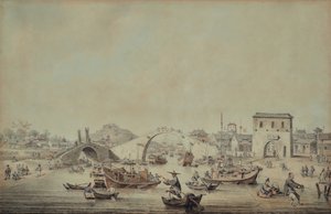 Chinese Barges of the Embassy Preparing to Pass Under a Bridge by William Alexander