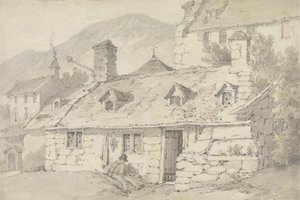 Stone Cottages in a Mountainous Landscape with a Figure in the Foreground by William Alexander
