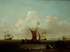 Dutch shipping off the coast of Holland with fishermen loading a boat of shore by William Anderson