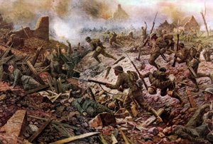 The London Territorials at Pozières during the Battle of the Somme by William Barnes (after) Wollen