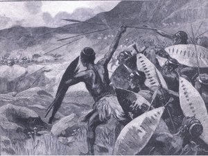 Fighting in the Matoppo Hills: charge of the Matabele, illustration from Cassell