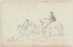 Two Men on Horseback with Two Horses and Dog by William Beilby