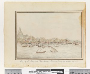 City of St. Sebastians, Rio Janeiro: Sirius & Convoy at Anchor. 1787 by William Bradley