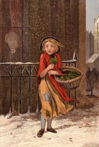 Poor girl selling watercress on a snowy street