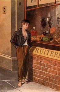 Temptation: poor young man looking into a shop window at tropical fruits