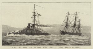 HMS Devastation Towing HMS Thetis into Malta Harbour by William Edward Atkins