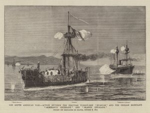 The South American War, Action between Peruvian Turret-Ship Huascar and the Chilian Ironclads Almirante Cochrane and Blanco Encalada by William Edward Atkins