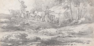 Landscape with Figures and Cattle by William Frederick Wells
