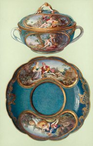 Ecuelle and Stand, Sevres, Turquoise-blue, with Panels after Boucher by William Gibb