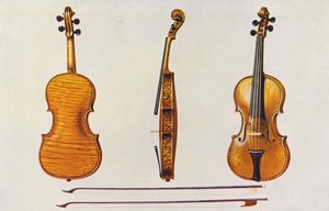 Musical instruments: Violin, the Hellier Stradivarius, and two old bows noted for the fluting