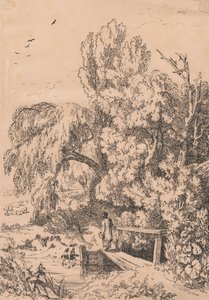 Landscape with Trees, Girl Crossing Footbridge