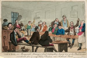 Tom and Bob in masquerade, blowing a cloud of and taking their heavy wet by William Heath