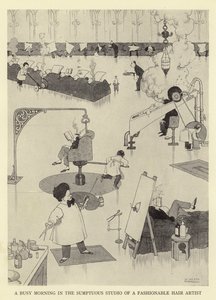 A Busy Morning in the Sumptuous Studio of a Fashionable Hair Artist by William Heath Robinson