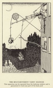 The Multi-movement Tabby Silencer, this apparatus can be operated from the bedroom window and is guaranteed to reach any part of the back yard by William Heath Robinson