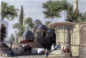 Fountain and Mosque of Chahzade, engraved by Roberts Sands by William Henry (after) Bartlett