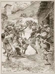 Lieutenant Harley, at the Head of Forty Sikhs and Sixty Kashmiris, Rushed the House over the Mouth of the Mine, illustration from 