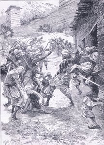 Lieutenant Harley leading the sortie from Fort Chitral, illustration from Cassell
