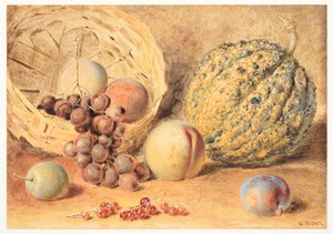 Basket with melon, peaches, grapes & plums
