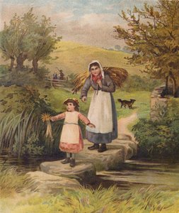 Woman and Girl Crossing a Stream Over Stepping Stones