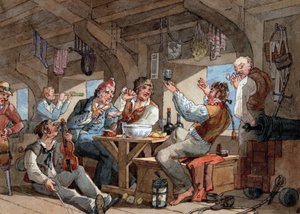 Sailors drinking on board the lower deck of their ship, scene with violin player and pipe smoker, linen lying on a rope, and onboard equipment by William Henry Pyne
