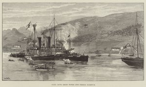 HMS Howe being towed into Ferrol Harbour by William Heysham Overend