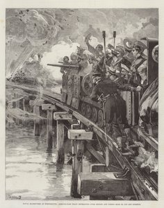 Naval Manoeuvres at Portsmouth, Armour-Clad Train Retreating over Bridge and Firing Mine to Cut Off Pursuit