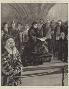 Opening of the Royal Courts of Justice, the Dais at the North End of the Central Hall, the Queen declaring the Courts Open
